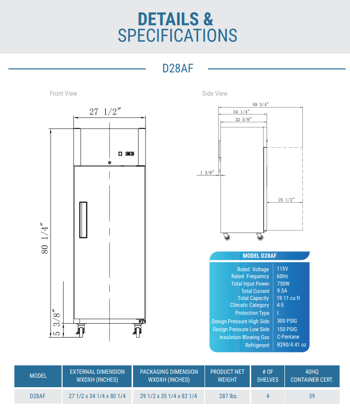D28AF Commercial Single Door Top Mount Freezer in Stainless Steel
