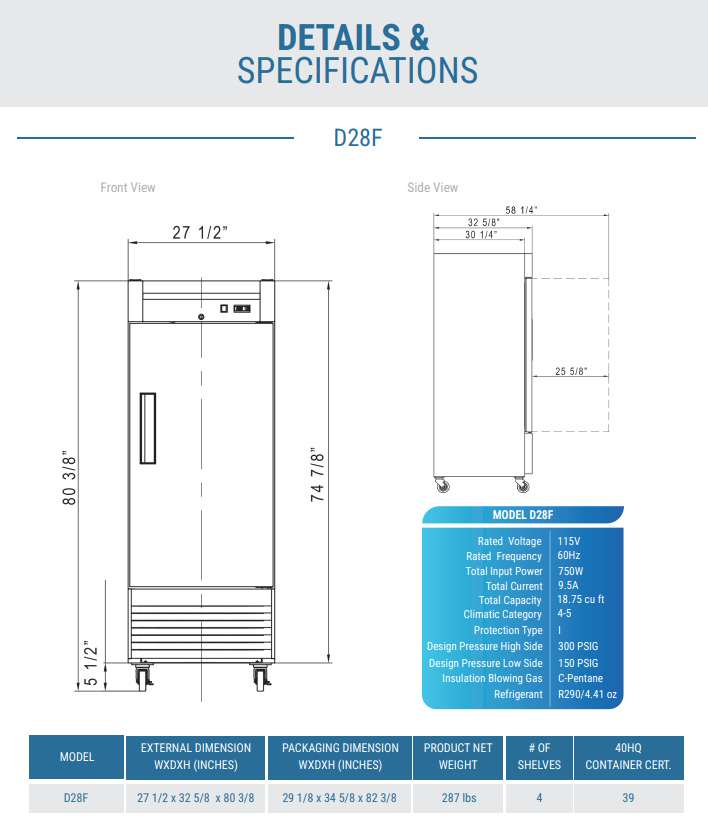 D28F Single Door Commercial Freezer in Stainless Steel