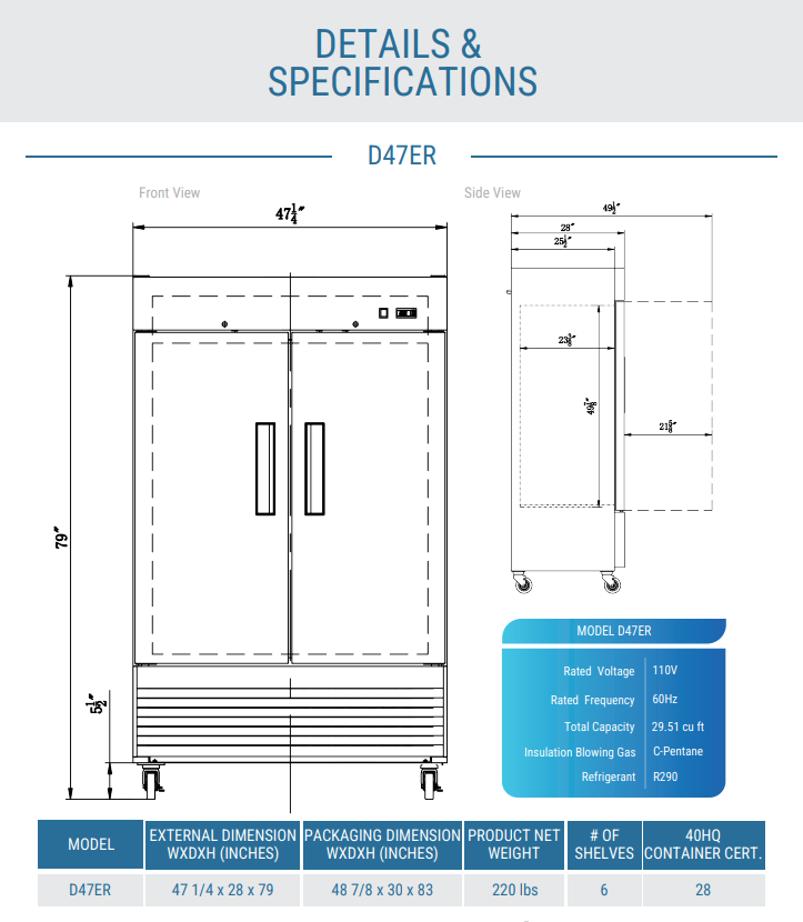 D47ER Compact 2-Door Commercial Refrigerator in Stainless Steel