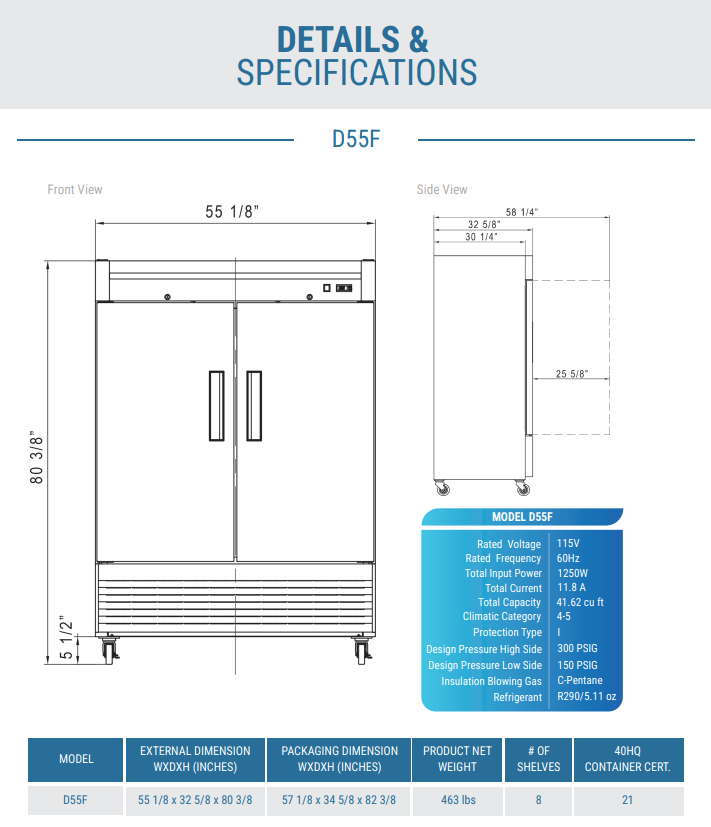 D55F 2-Door Commercial Freezer in Stainless Steel