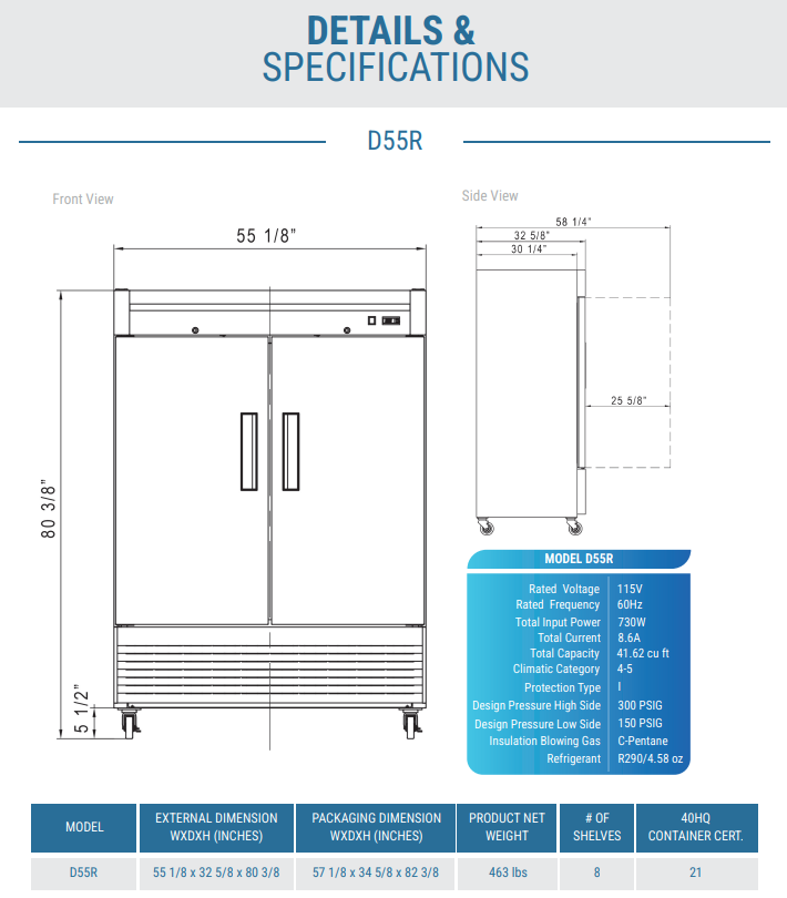 D55R 2-Door Commercial Refrigerator in Stainless Steel