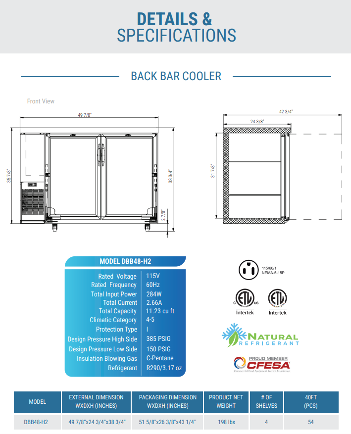 DBB48-H2 2-Door Bar and Beverage Cooler (Hinge Doors)