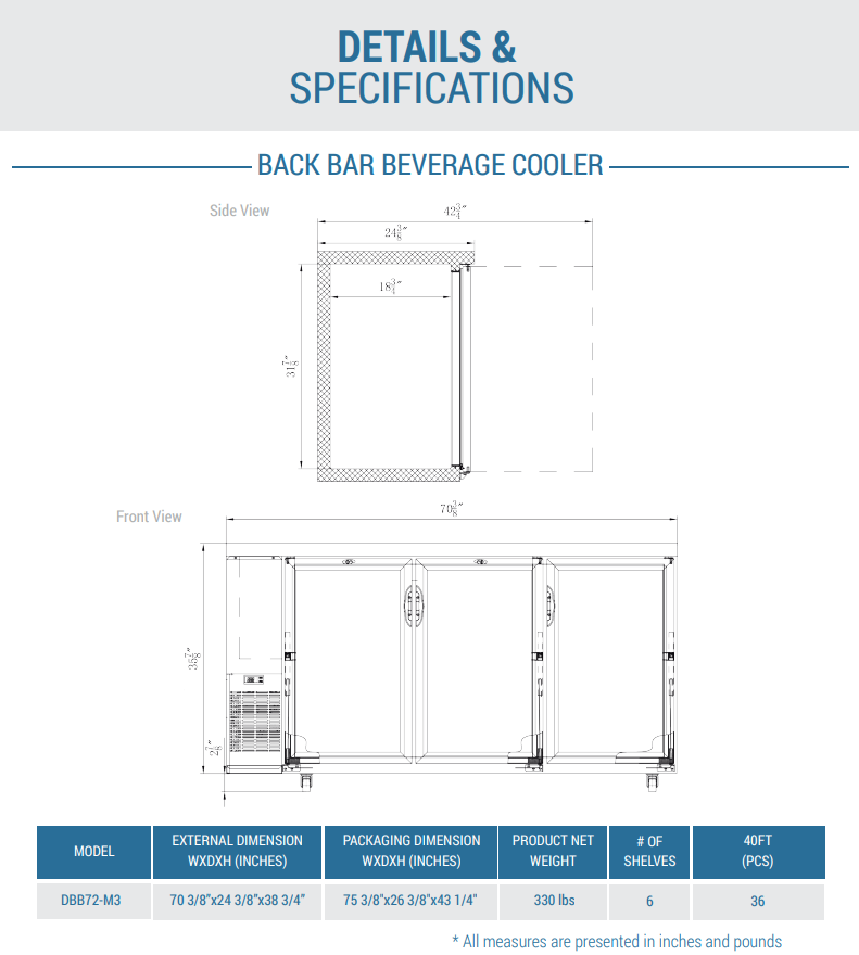 DBB72-M3 3-Door Bar and Beverage Cooler (Solid Doors)