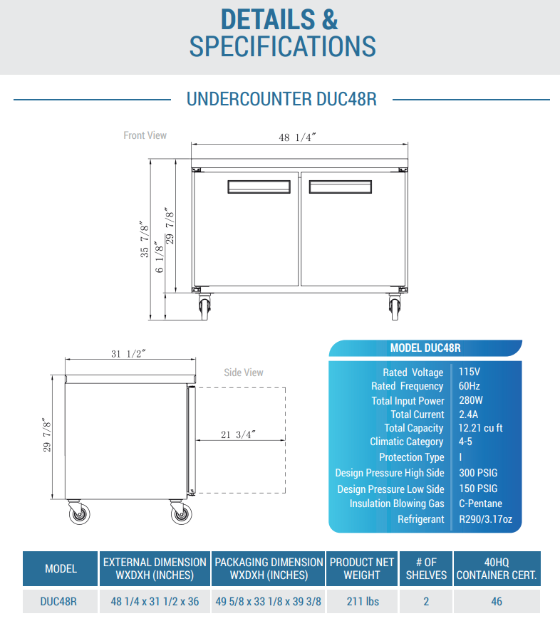 DUC48R 2-Door 48 1/4" Undercounter Refrigerator in Stainless Steel