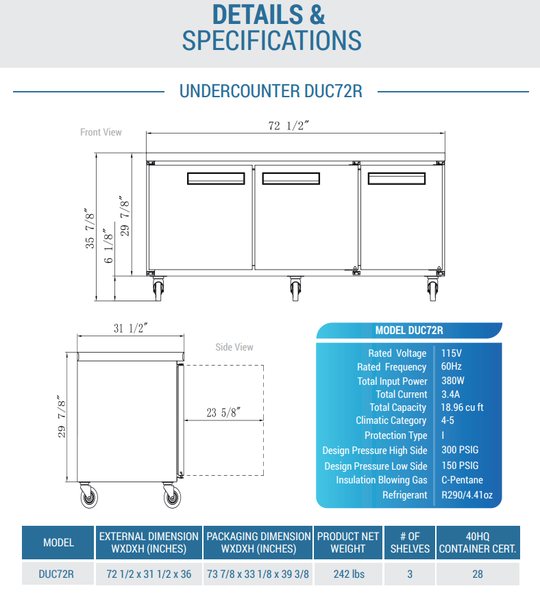 DUC72R 3-Door 72 1/2" Undercounter Commercial Refrigerator in Stainless Steel