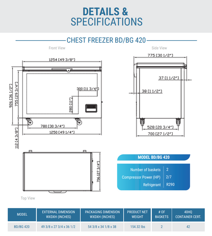 Dukers BD/BG-420 49 3/8" Mobile Chest Freezer w/ (2) Baskets - White, 115v