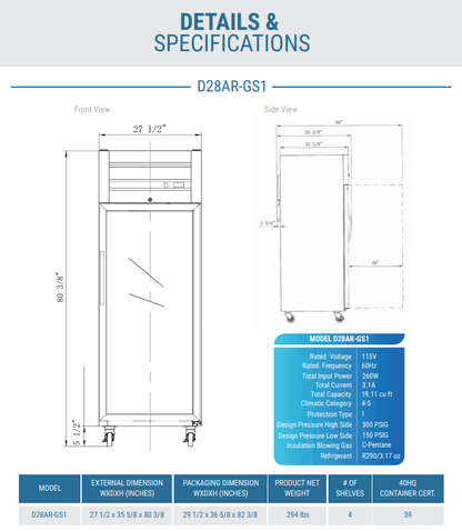 D28AR-GS1 Top Mount Single Glass Door Commercial Reach-in Refrigerator