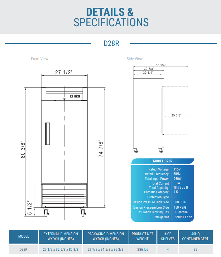 D28R Single Door Commercial Refrigerator in Stainless Steel