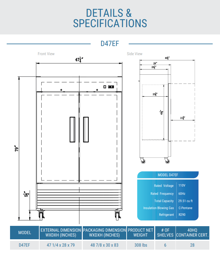 D47EF Compact 2-Door Commercial Freezer in Stainless Steel