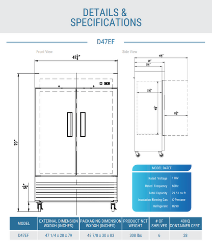 D47EF Compact 2-Door Commercial Freezer in Stainless Steel