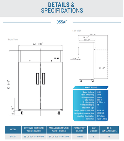 D55AF Commercial 2-Door Top Mount Freezer in Stainless Steel