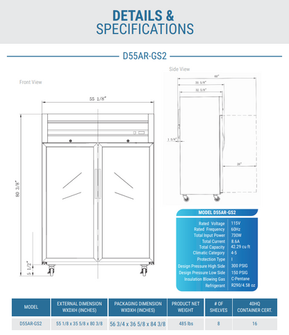 D55AR Commercial 2-Door Top Mount Refrigerator in Stainless Steel
