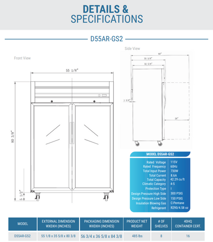 D55AR-GS2 Top Mount Glass 2-Door Commercial Reach-in Refrigerator