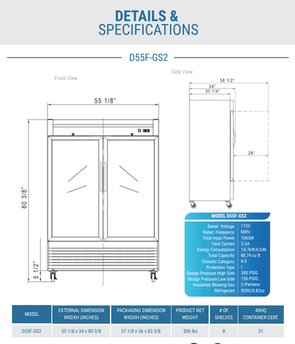 D55F-GS2 Bottom Mount Glass 2-Door Commercial Reach-in Freezer