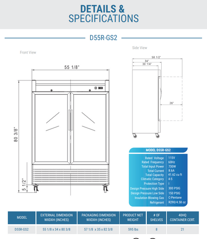 D55R-GS2 Bottom Mount Glass 2-Door Commercial Reach-in Refrigerator