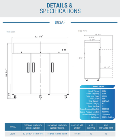 D83AF Commercial 3-Door Top Mount Freezer in Stainless Steel