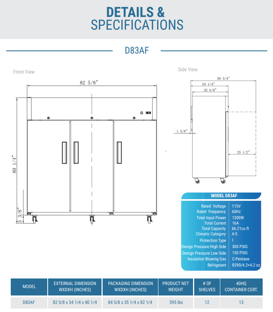 D83AF Commercial 3-Door Top Mount Freezer in Stainless Steel