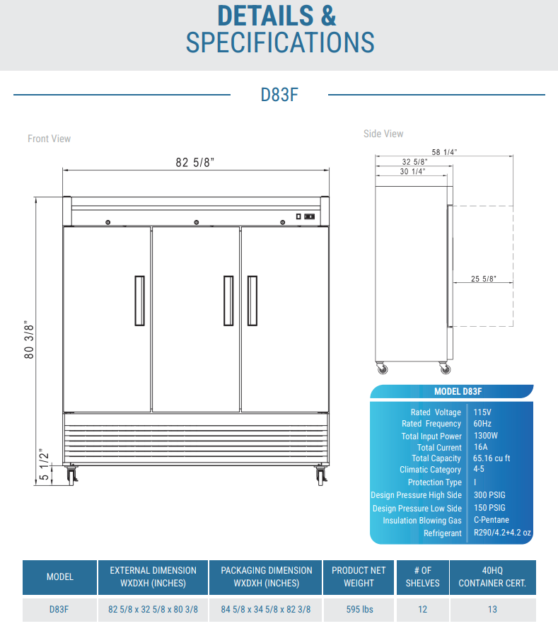 D83F 3-Door Commercial Freezer in Stainless Steel
