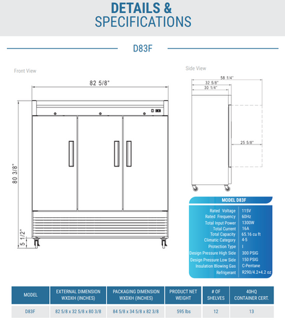 D83F 3-Door Commercial Freezer in Stainless Steel