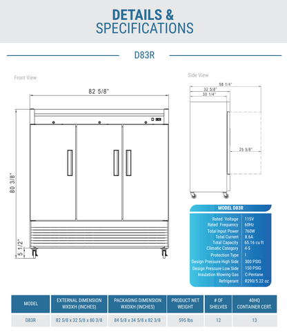 D83R 3-Door Commercial Refrigerator in Stainless Steel