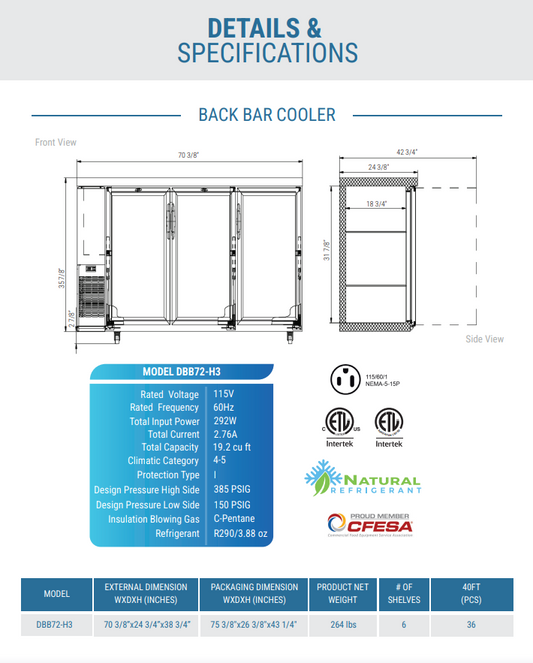 DBB72-H3 3 Door Bar and Beverage Cooler (Hinge Doors)