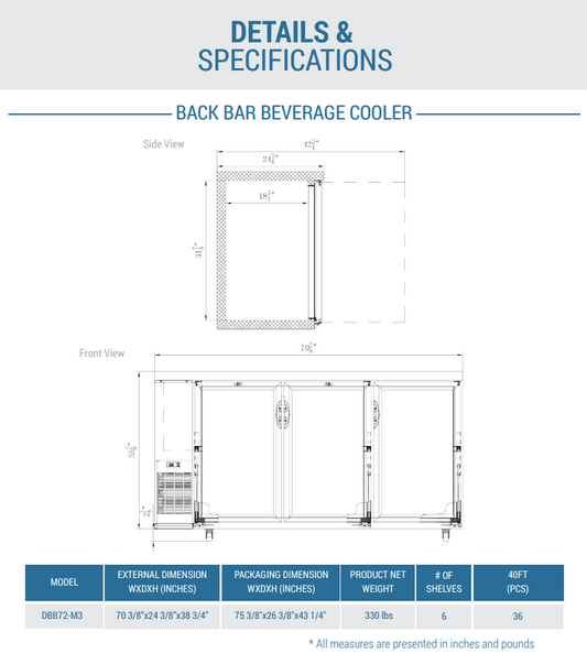 DBB72-M3 3-Door Bar and Beverage Cooler (Solid Doors)