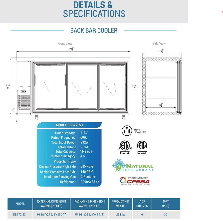 DBB72-S3 3 Door Bar and Beverage Cooler (Sliding Doors)