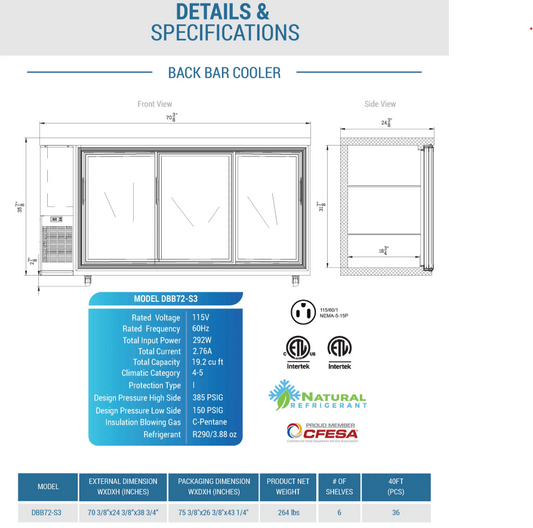 DBB72-S3 3 Door Bar and Beverage Cooler (Sliding Doors)