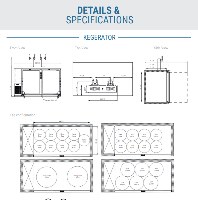 Dukers DKB60-M2 56 7/8" Kegerator Beer Dispenser, Black, 115v