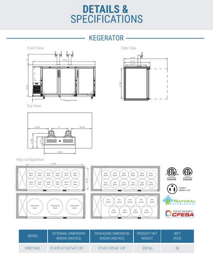 Dukers DKB72-M3 70 3/8" Kegerator Beer Dispenser,Black, 115v