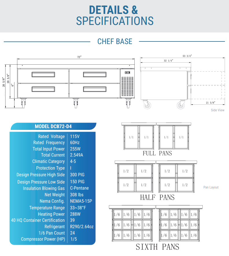 Dukers DCB72-D4 72" Chef Base w/ (4) Drawers - 115v