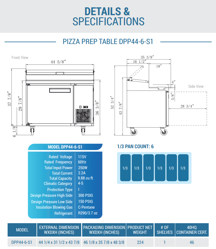 DPP44-6-S1 Commercial Single Door Pizza Prep Table Refrigerato