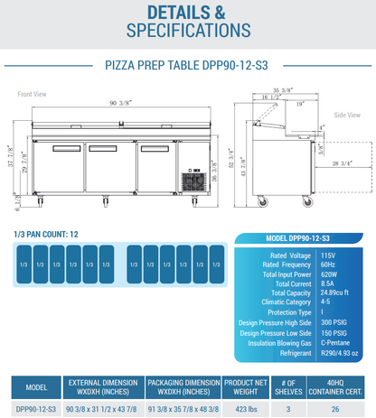 DPP90-12-S3 Commercial 3-Door Pizza Prep Table Refrigerator