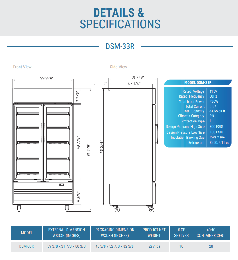 DSM-33R Commercial Glass Swing 2-Door Merchandiser Refrigerator