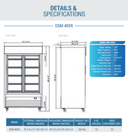 DSM-40SR Commercial Glass Sliding 2-Door Merchandiser Refrigerator in Black