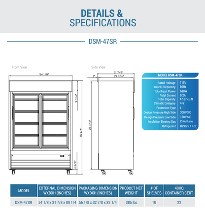 DSM-47SR Commercial Glass Sliding 2-Door Merchandiser Refrigerator in Black