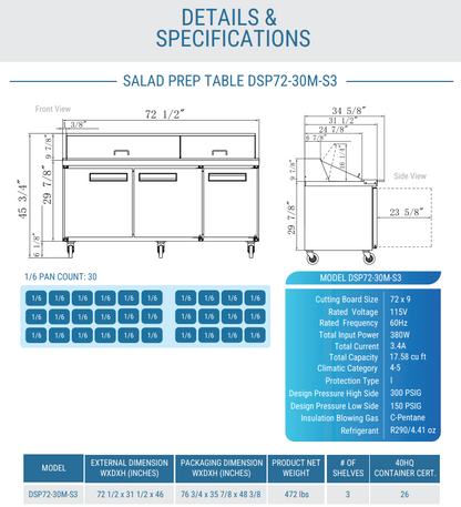 DSP72-30M-S3 3-Door Commercial Food Prep Table Refrigerator in Stainless Steel with Mega Top