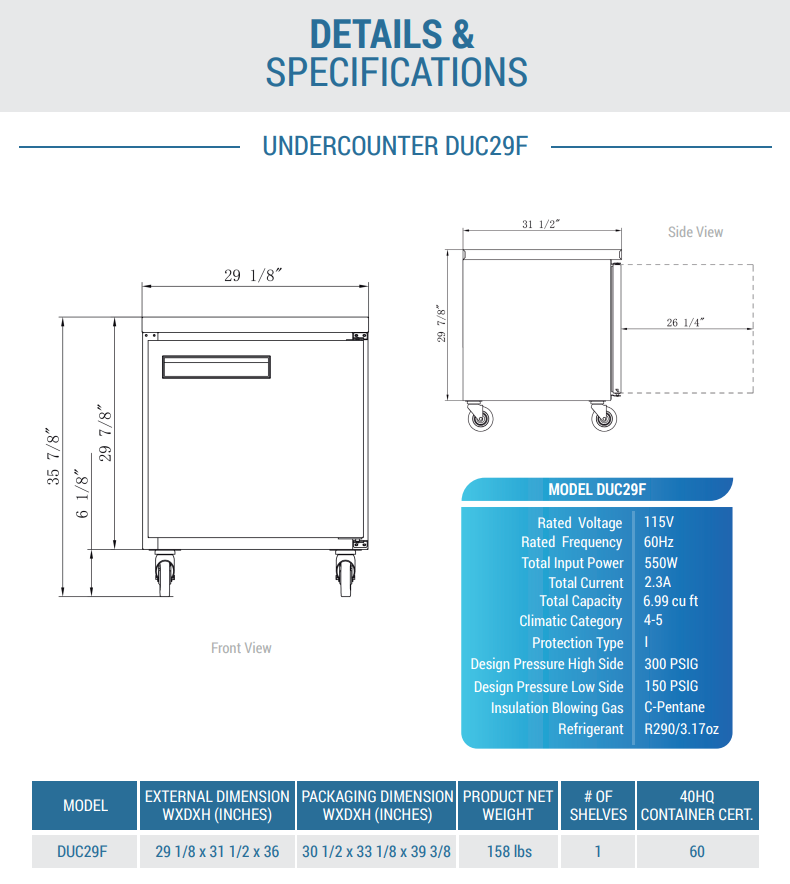 DUC29F 29" Single Door Undercounter Freezer in Stainless Steel