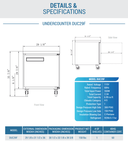 DUC29F 29" Single Door Undercounter Freezer in Stainless Steel
