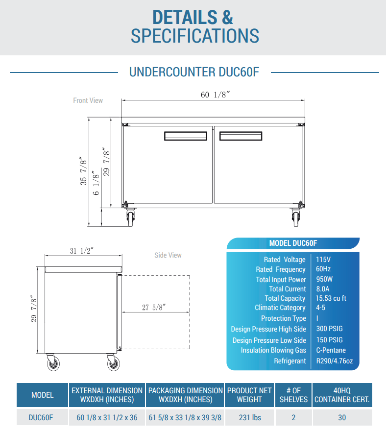 DUC60F 2-Door 60 1/8" Undercounter Commercial Freezer in Stainless Steel