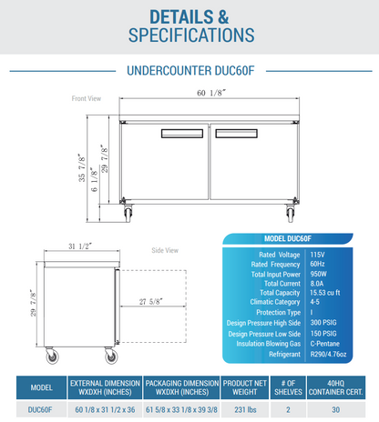 DUC60F 2-Door 60 1/8" Undercounter Commercial Freezer in Stainless Steel