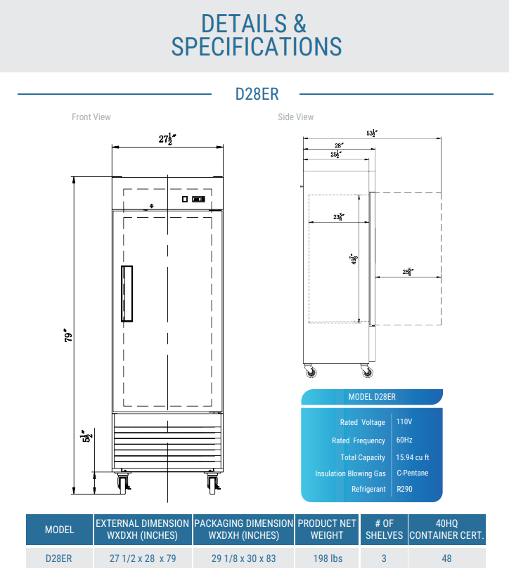 D28ER Compact Single Door Commercial Refrigerator in Stainless Steel